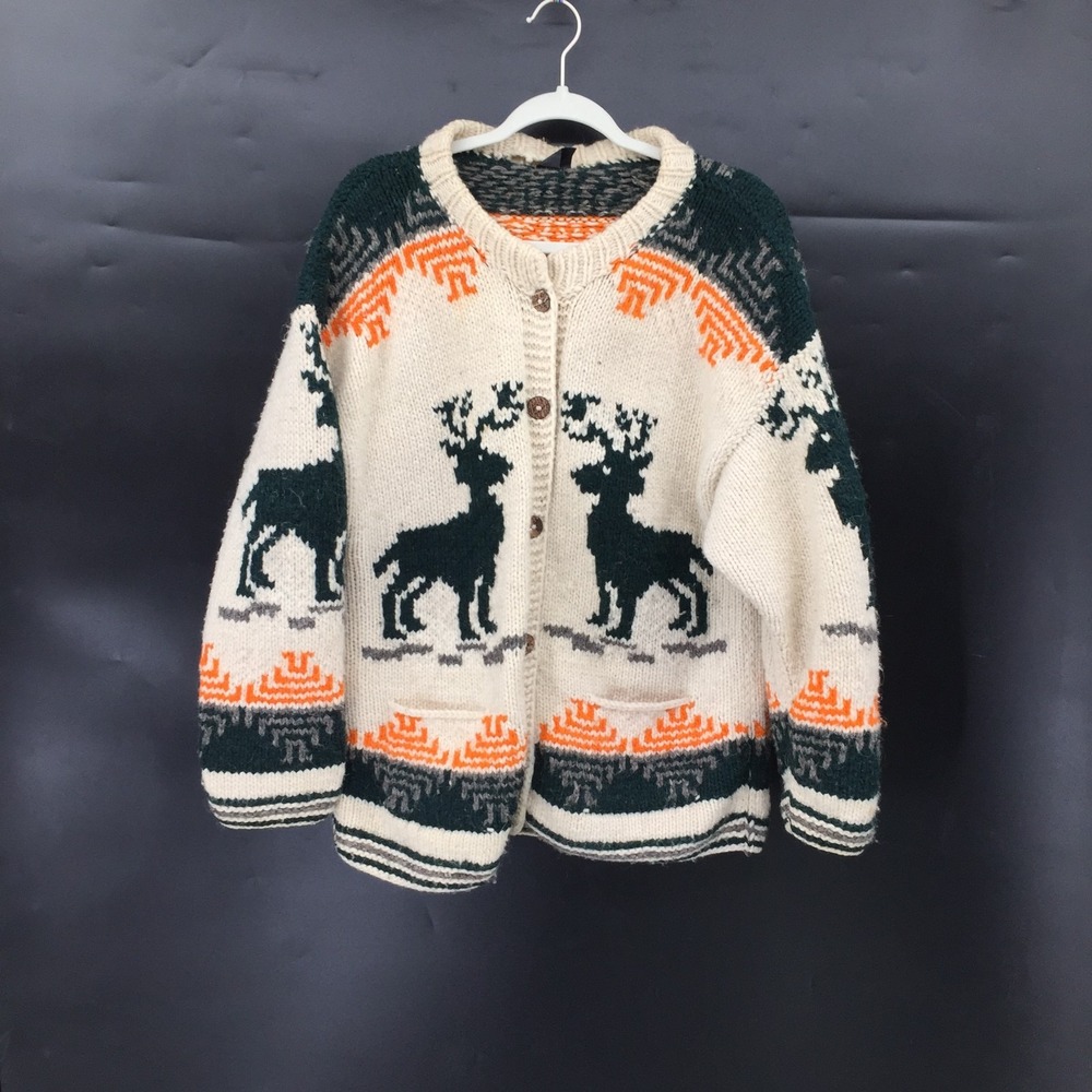 vintage Cowichan Mary Maxim style cardigan sweater reindeer moose cabincore XL
